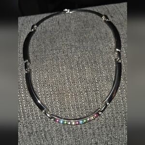 1980s Silver tone Rainbow Ombré Crystal Choker Link Necklace